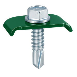 Clemă prindere gard bordurat verde 20x30 mm cu şurub autoforant 6.3x25 mm